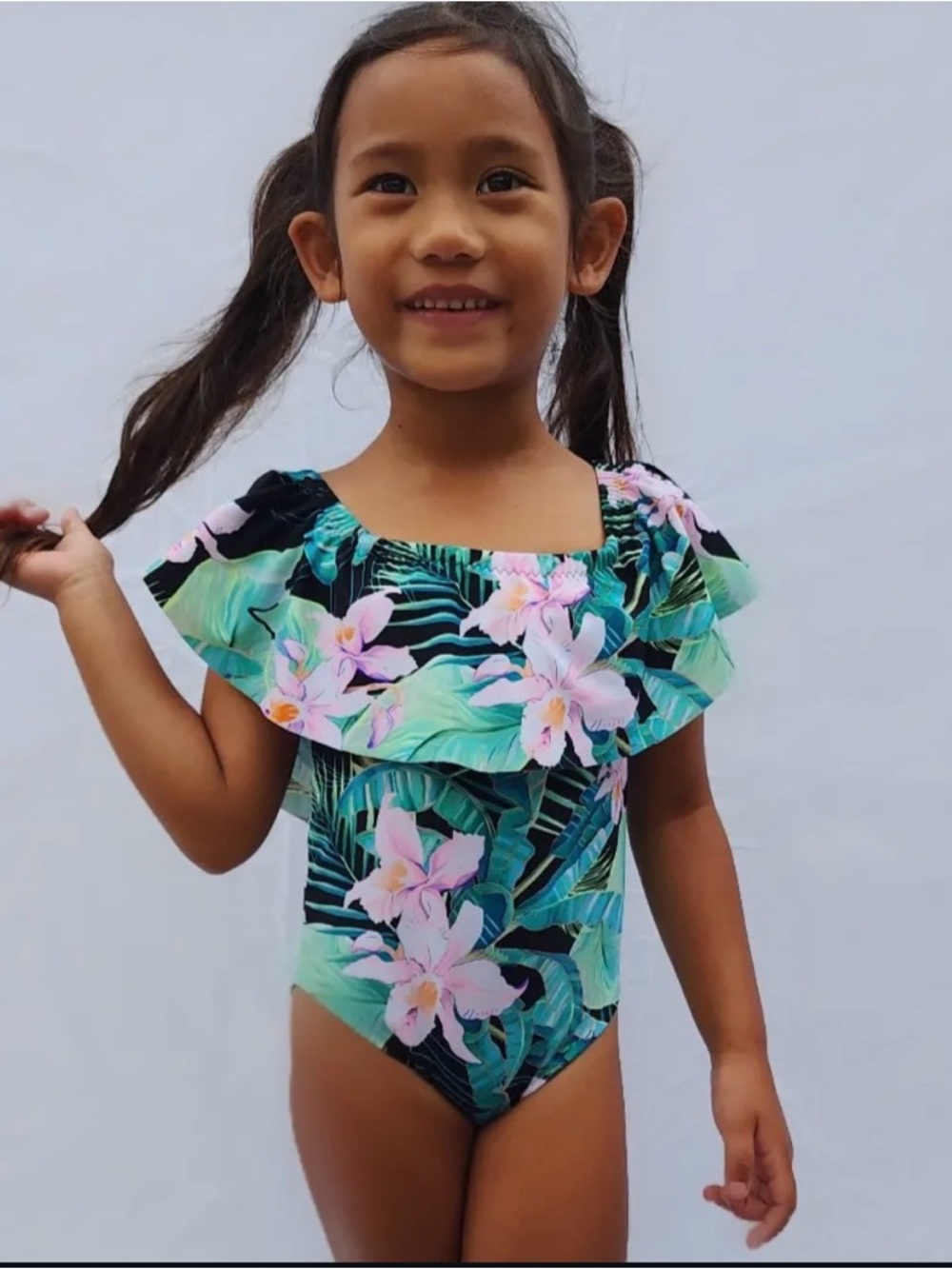 Adorable Ruffle Top Swimsuit in Orchid Isle Print Handmade in Hawaii by Iwa Why